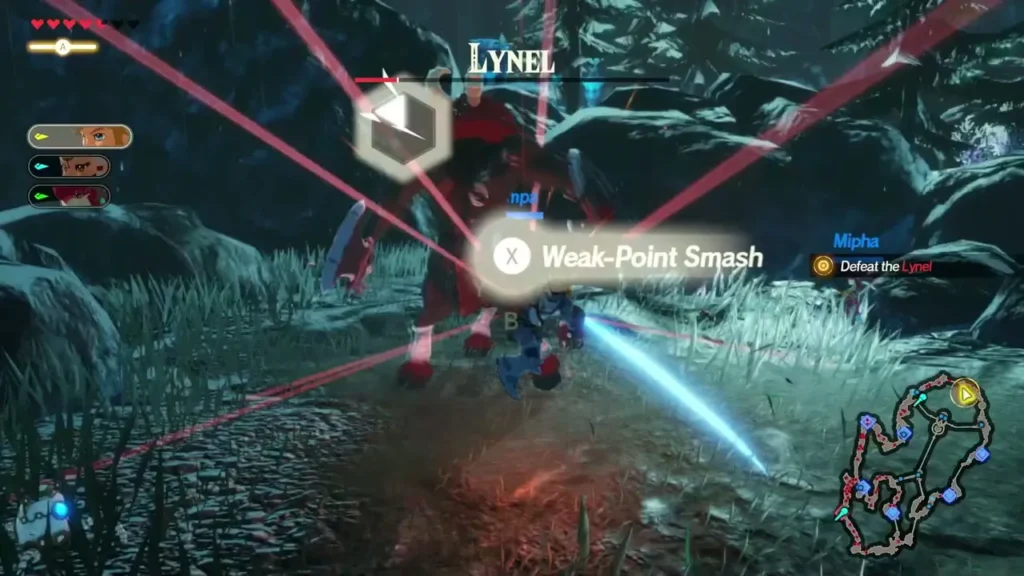 A Weak-Point Smash prompt appears over a Lynel once its gauge is emptied, with Link ready to strike A Weak-Point Smash prompt appears over a Lynel once its gauge is emptied, with Link ready to strike