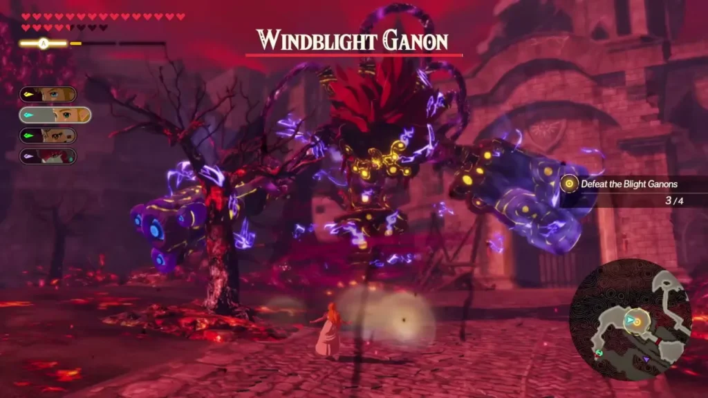 Windblight Ganon's name bar appears in Hyrule Castle with the Defeat the Blight Ganons objective at 3 of 4 Windblight Ganon's name bar appears in Hyrule Castle with the Defeat the Blight Ganons objective at 3 of 4
