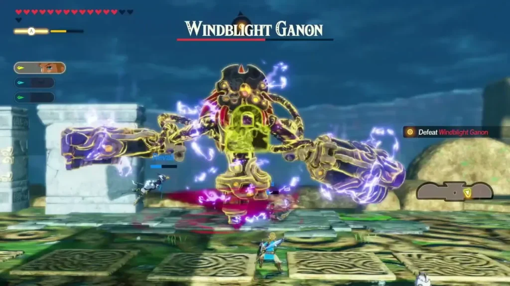 Windblight Ganon's name bar and the Defeat Windblight Ganon objective appear as Link fights it in a ruined courtyard Windblight Ganon's name bar and the Defeat Windblight Ganon objective appear as Link fights it in a ruined courtyard
