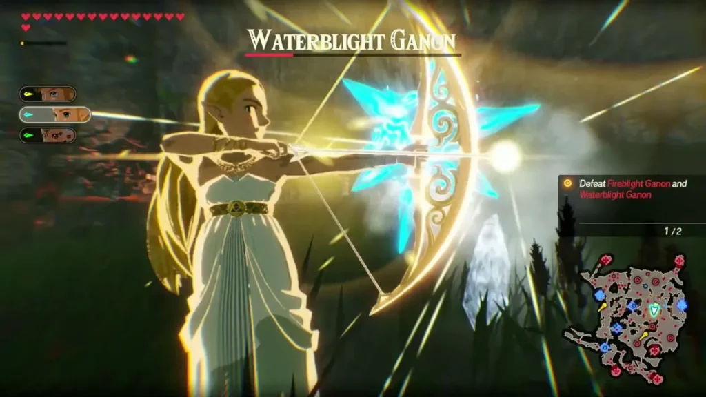 Zelda draws her light bow at Waterblight Ganon during the Fort Hateno defense Zelda draws her light bow at Waterblight Ganon during the Fort Hateno defense