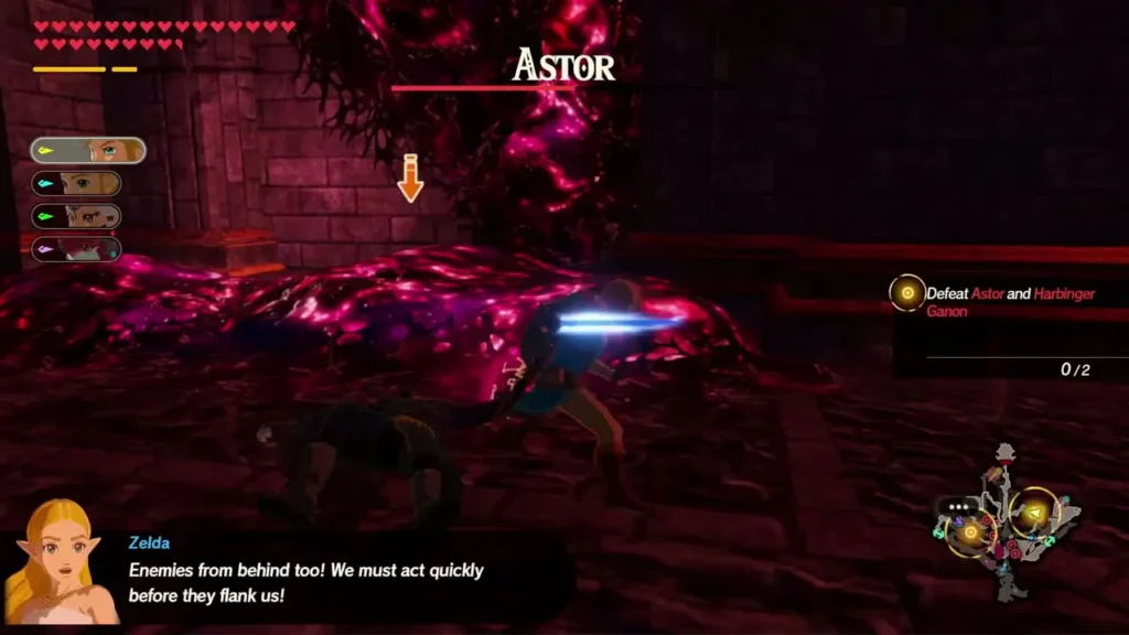 Astor's name bar tops a dark hall as Zelda warns of enemies from behind, with the Defeat Astor and Harbinger Ganon objective