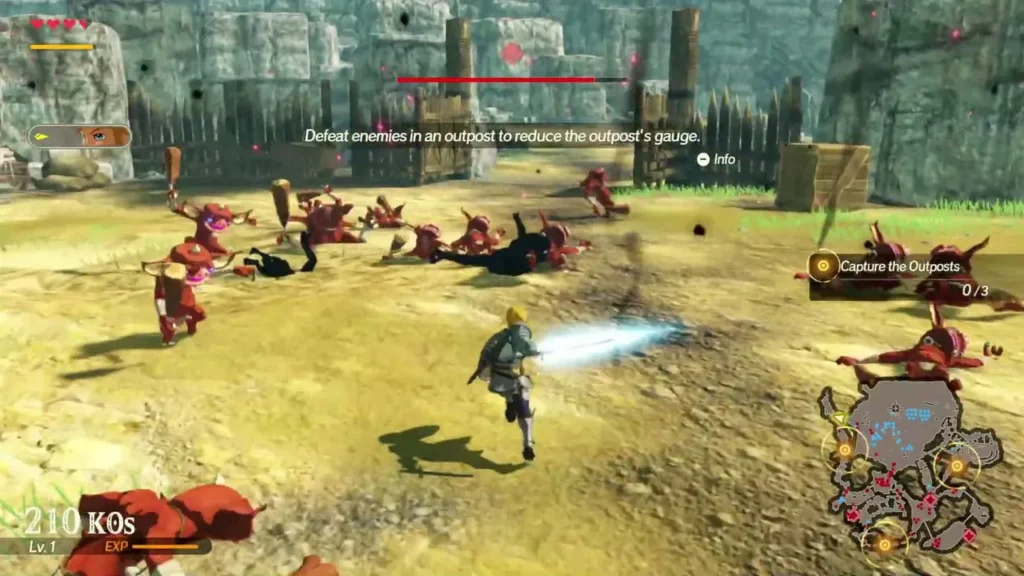 A warrior attacks red Bokoblins near a wooden outpost while the Capture the Outposts objective reads 0 of 3