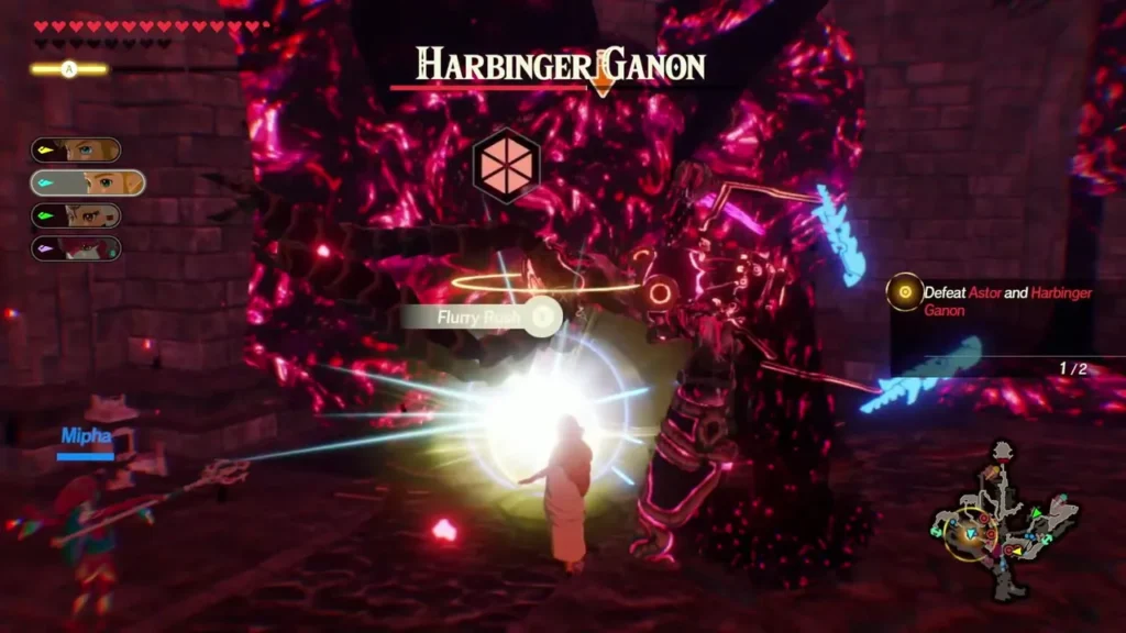 Harbinger Ganon's name bar shows as Mipha stands by and a Flurry Rush prompt appears over the boss