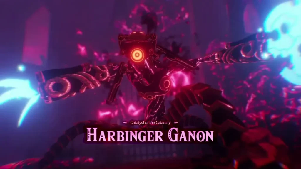 Harbinger Ganon, labelled Catalyst of the Calamity, appears with glowing blades on its title card