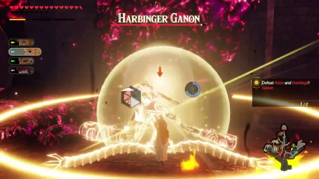 Harbinger Ganon's name bar shows as a glowing shield surrounds it under the Defeat Astor and Harbinger Ganon objective