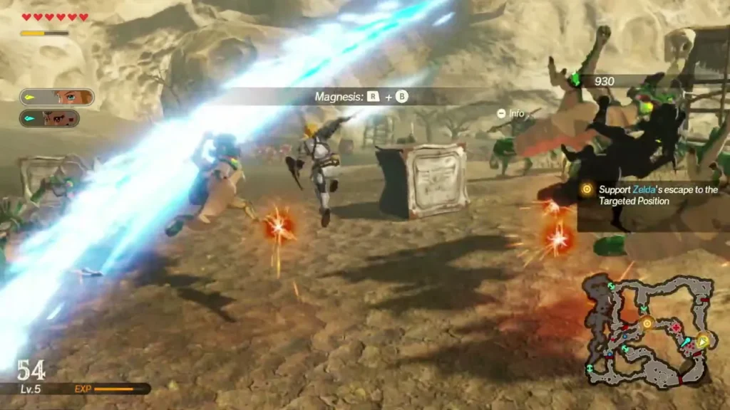 The Magnesis prompt reads R plus B as a blue beam sweeps past a stone block during the Zelda escape battle