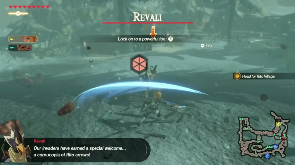 Revali's name bar sits above a snowy battle as he says the invaders have earned a cornucopia of Rito arrows