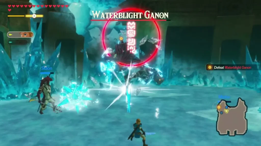 Sidon fights Waterblight Ganon beside Link in an ice chamber under the Defeat Waterblight Ganon objective
