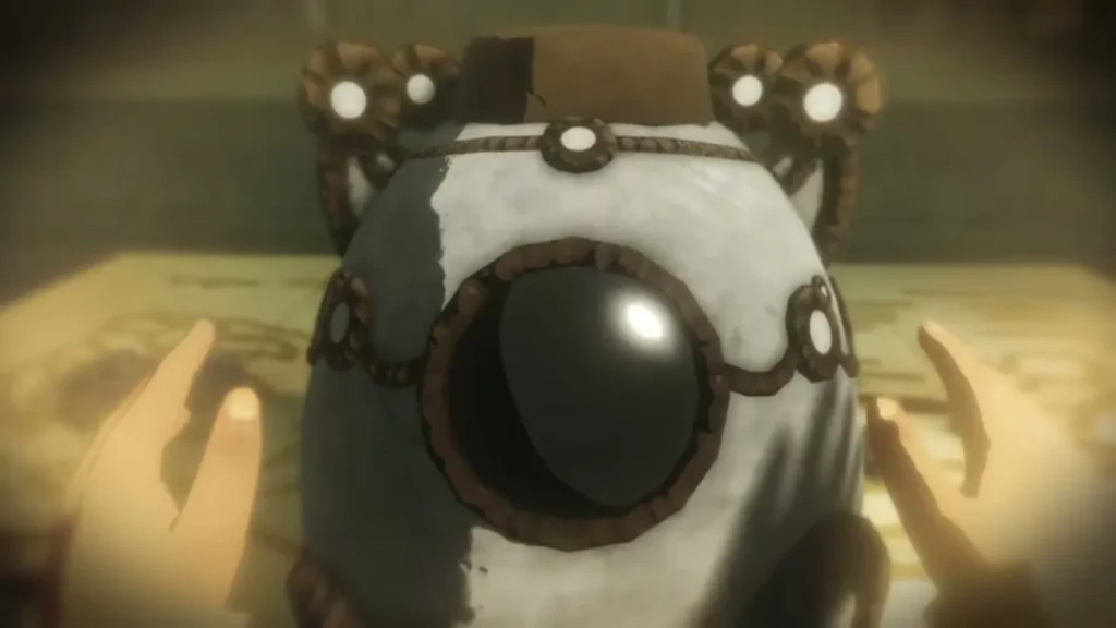 Terrako's round blue eye fills the view in a close-up of the little Guardian