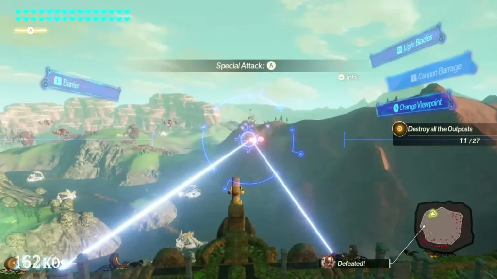 Vah Medoh's cannon beam strikes an outpost as the Destroy all the Outposts objective reads 11 of 27