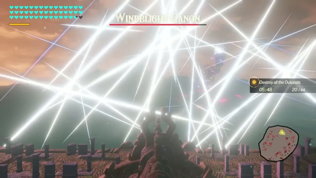 Windblight Ganon fires a barrage of white lasers across the sky while the Destroy all the Outposts counter reads 20 of 44