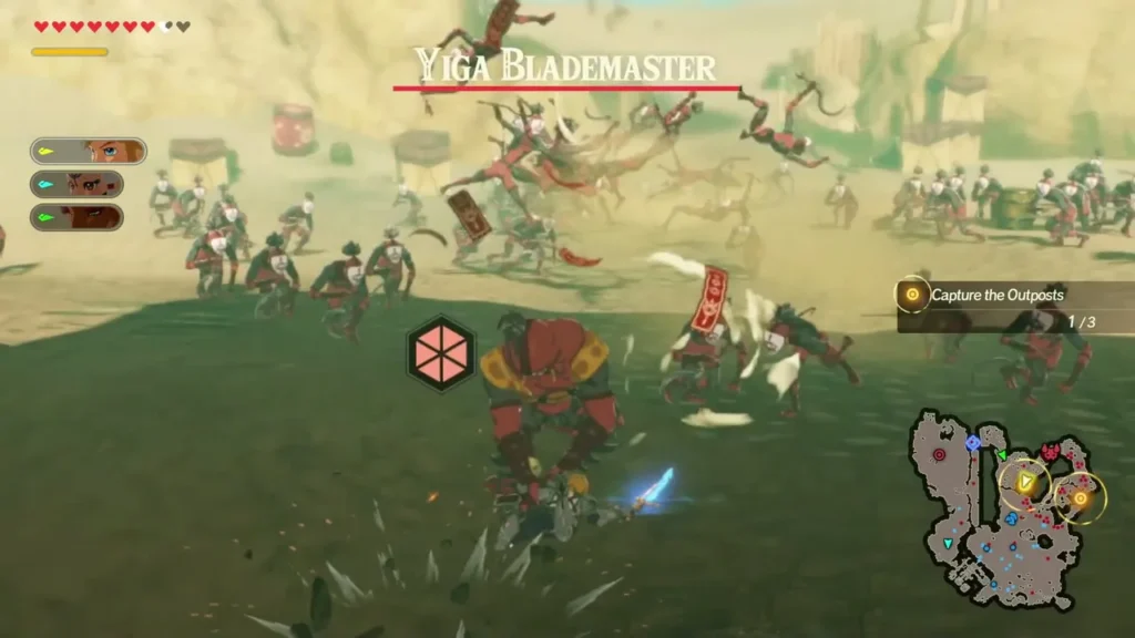 A Yiga Blademaster is named over a field fight as the Capture the Outposts objective reads 1 of 3
