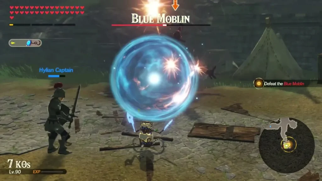 Terrako fights a Blue Moblin in a stone camp, its name shown over the health bar as the battle heats up