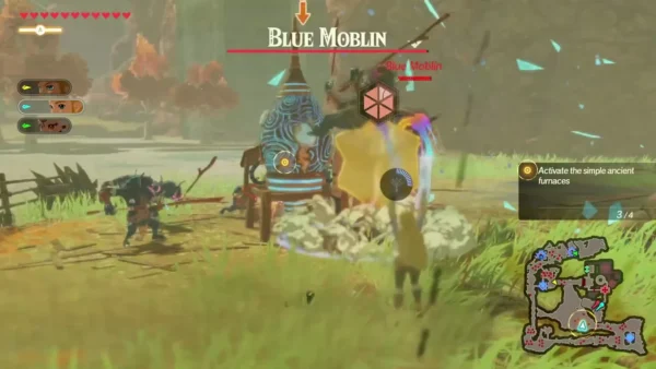 A Blue Moblin stands beside a furnace in Akkala Tower, its name bar across the top of the screen