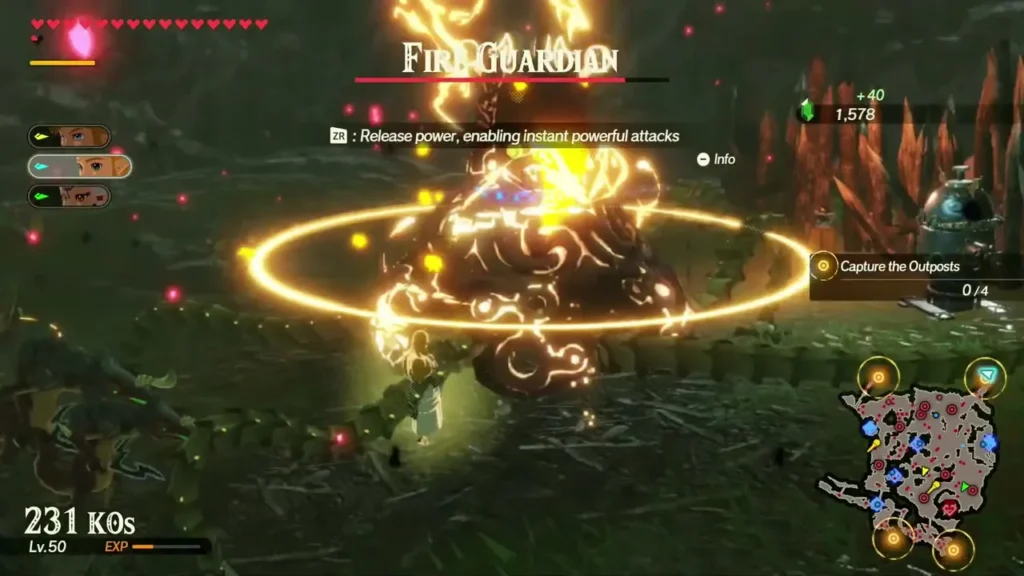 A Fire Guardian's glowing weak-point ring is struck while Link and his allies fight around it