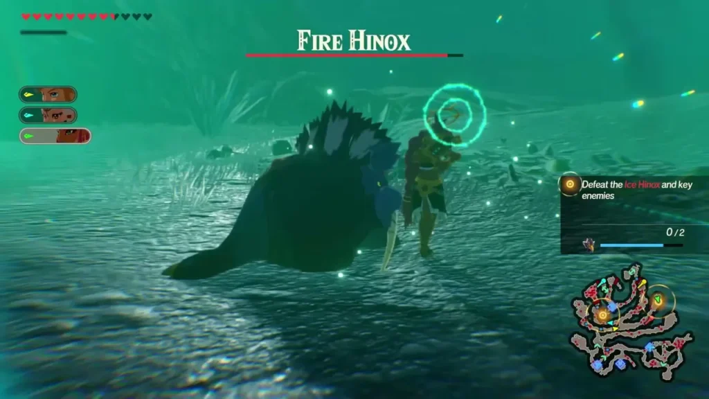 A Fire Hinox, named over its health bar, faces Link in a teal-lit field