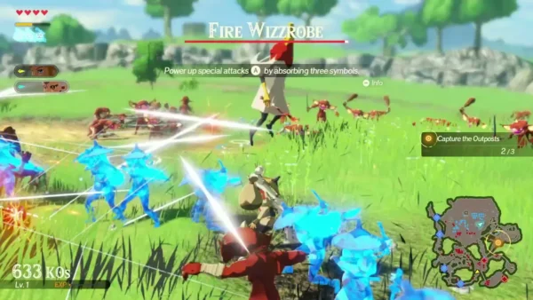 A Fire Wizzrobe, named over its health bar, stands among red monsters on the Hyrule Field plain