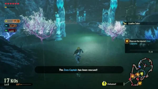 The first Zora Captain is rescued during the Zora's Domain battle, with the rescue counter at 1 of 4