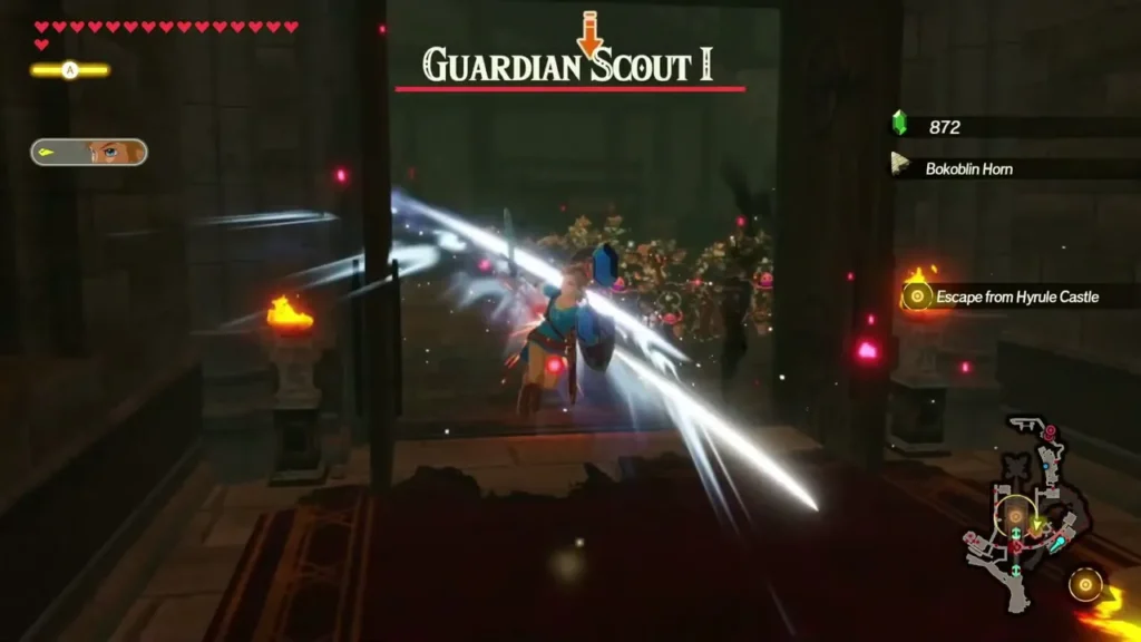 Guardian Scout I, named over its health bar, fights Link in a castle corridor