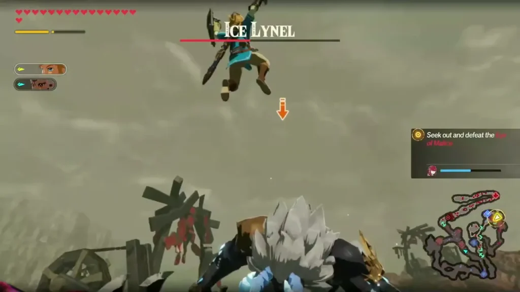 Link leaps at an Ice Lynel, named over its health bar, in the Water and Fire battle