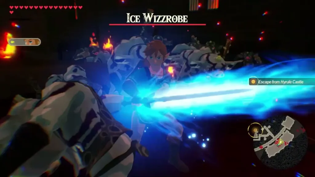 A blue ice blast flies across the castle as an Ice Wizzrobe's name bar shows above the fight