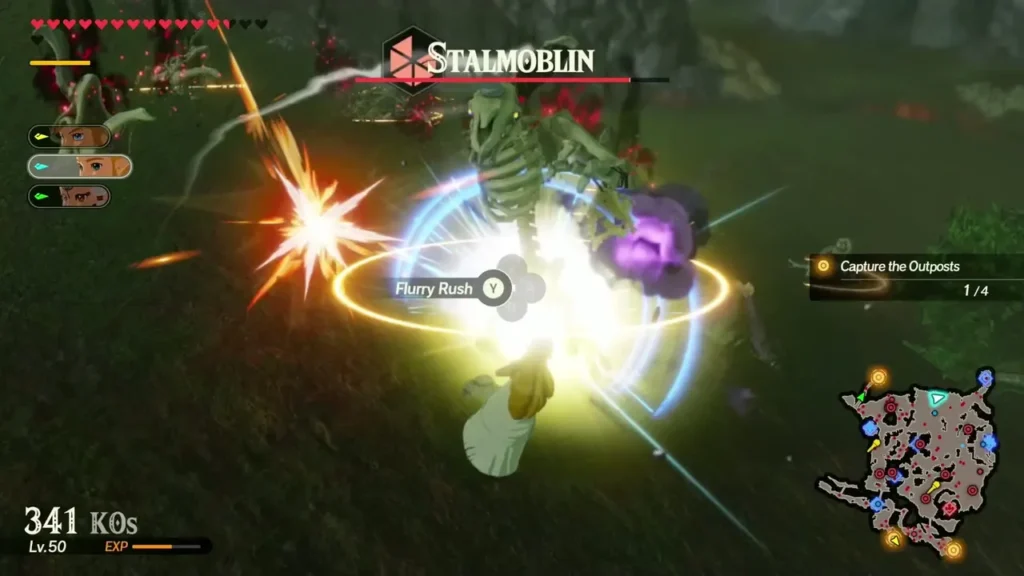 A Stalmoblin, a skeletal Moblin, is named over its health bar as Link attacks with a Flurry Rush