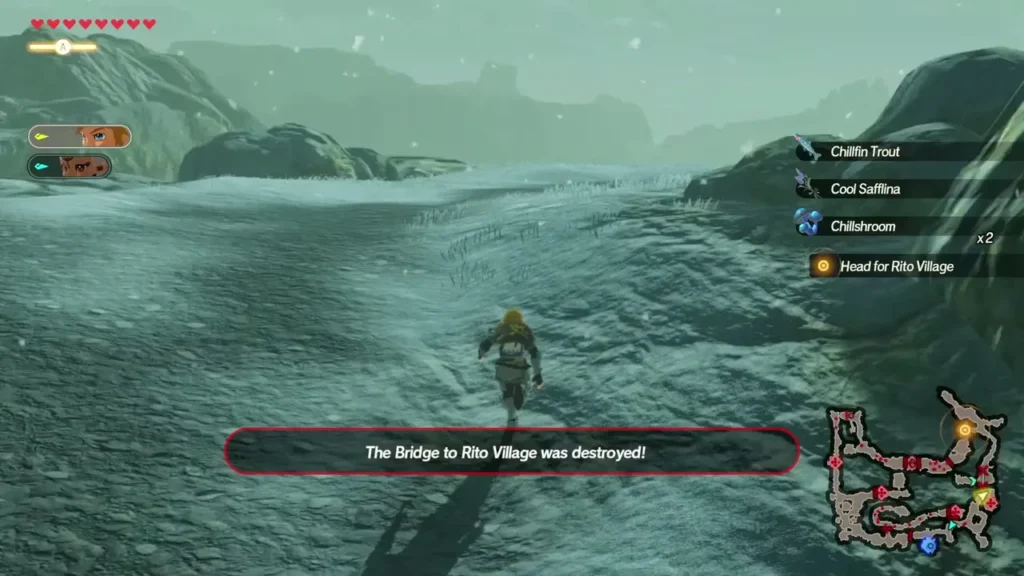 Link runs across the snowy road toward Rito Village after the game announces the bridge there was destroyed Link runs across the snowy road toward Rito Village after the game announces the bridge there was destroyed