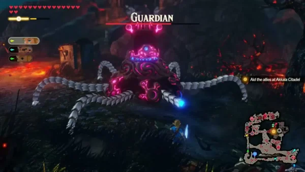 A Guardian fights at the Akkala Citadel gate with the Aid the allies at Akkala Citadel objective on screen A Guardian fights at the Akkala Citadel gate with the Aid the allies at Akkala Citadel objective on screen