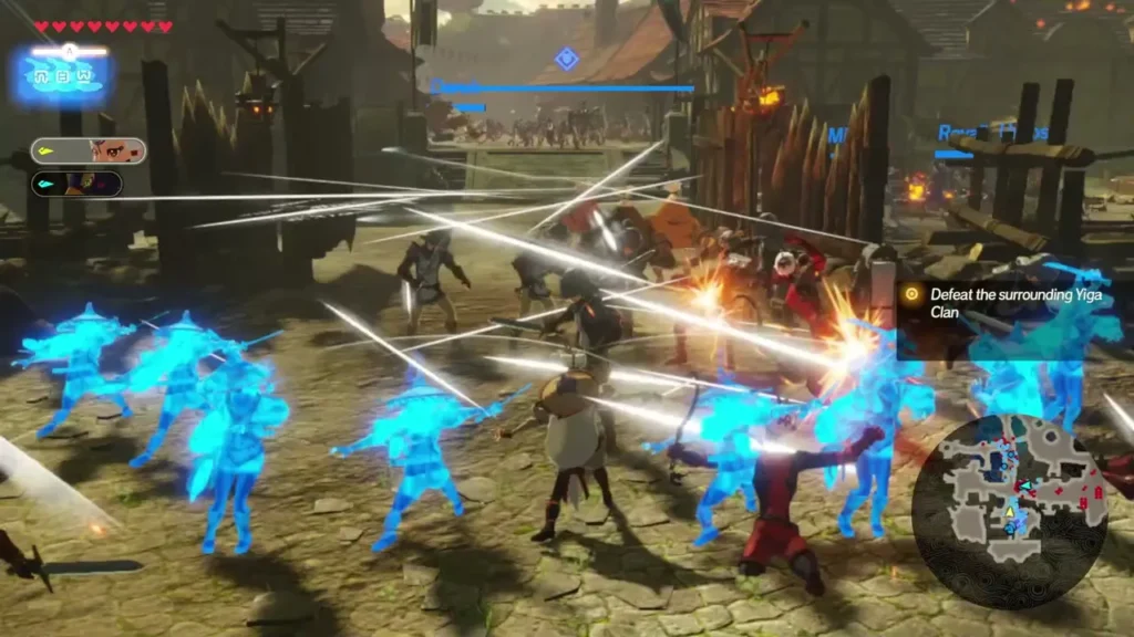 Yiga Clan raiders swarm the Kakariko Village square while Link and his allies fight back Yiga Clan raiders swarm the Kakariko Village square while Link and his allies fight back