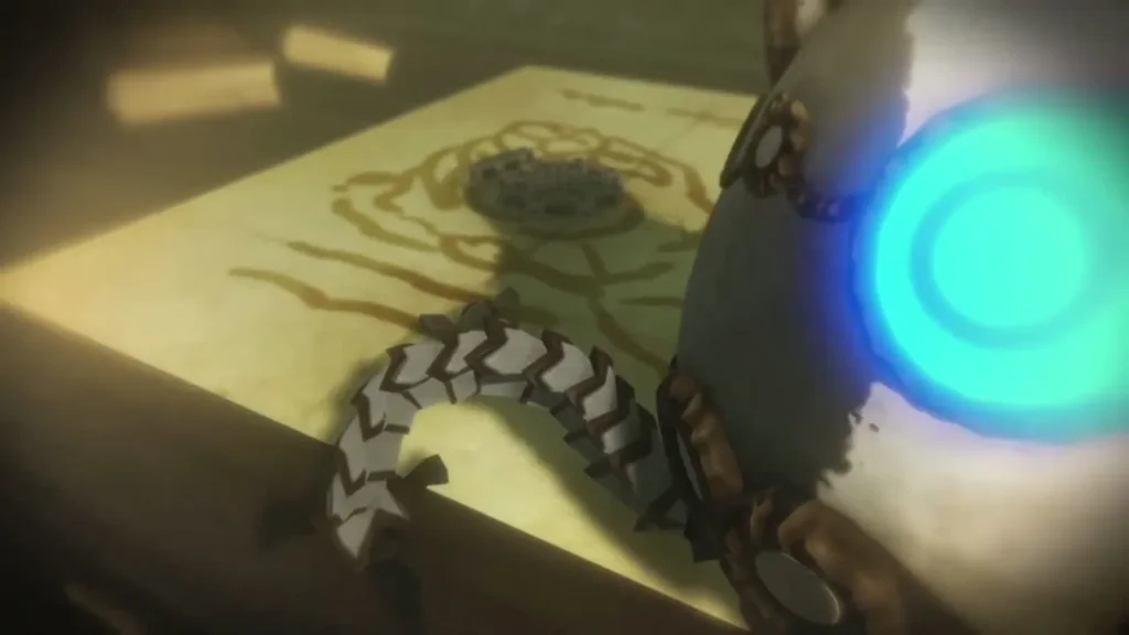 Terrako's blue eye glows beside a gold rune-patterned table