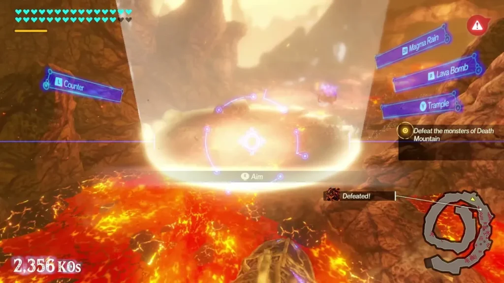 Aim prompt and Defeated notice during the Vah Rudania battle, 2,356 KOs in the corner Aim prompt and Defeated notice during the Vah Rudania battle, 2,356 KOs in the corner