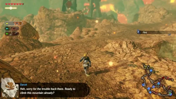 Link crosses scorched Death Mountain ground as Daruk asks whether he is ready to climb the mountain Link crosses scorched Death Mountain ground as Daruk asks whether he is ready to climb the mountain