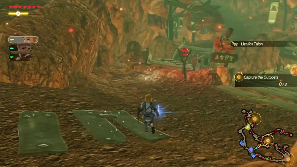Link runs along the stone path past green-roofed outpost blocks while capturing the outposts Link runs along the stone path past green-roofed outpost blocks while capturing the outposts