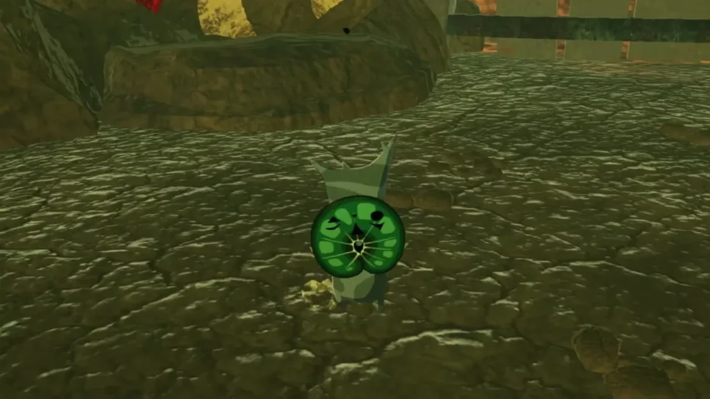 A Korok stands on cracked stone ground beside a rock ledge in front of the captured outpost A Korok stands on cracked stone ground beside a rock ledge in front of the captured outpost