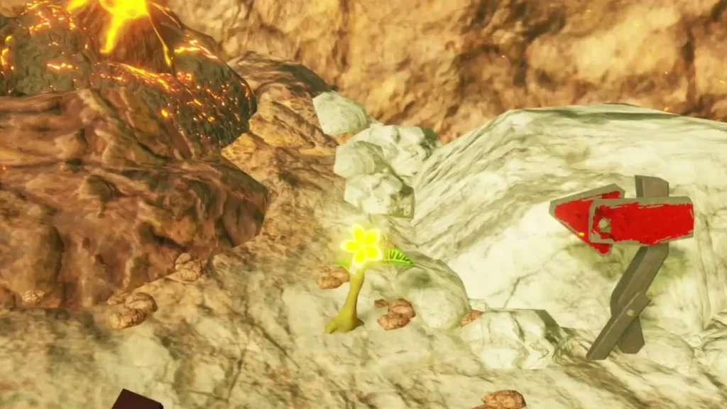 A red arrow sign stands on white rock in the hot spring area, with a yellow leaf sprite beside it A red arrow sign stands on white rock in the hot spring area, with a yellow leaf sprite beside it