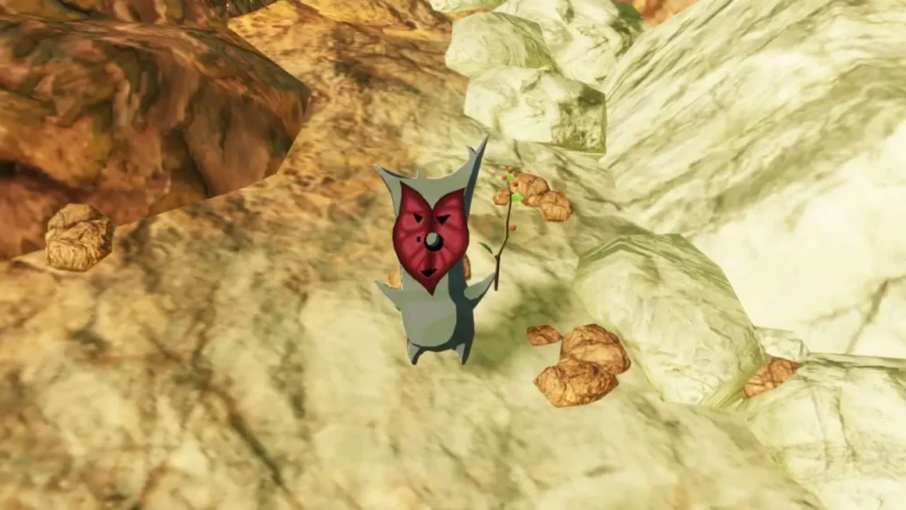 A red Korok stands on white rock in the hot spring area A red Korok stands on white rock in the hot spring area