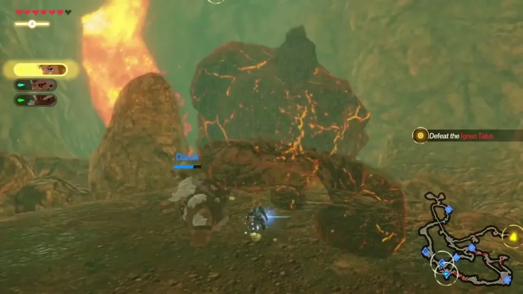 Daruk stands beside a lava-cracked boulder on scorched Death Mountain ground, with a warrior nearby Daruk stands beside a lava-cracked boulder on scorched Death Mountain ground, with a warrior nearby