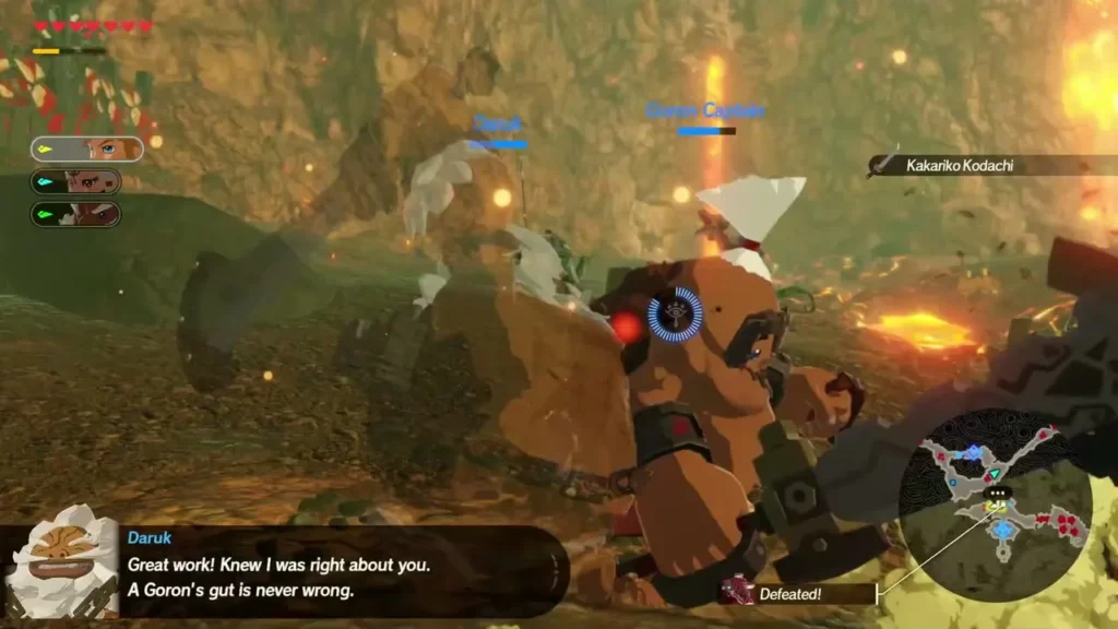 Daruk thanks Link after a Moblin falls on Death Mountain, a Goron Captain nearby Daruk thanks Link after a Moblin falls on Death Mountain, a Goron Captain nearby