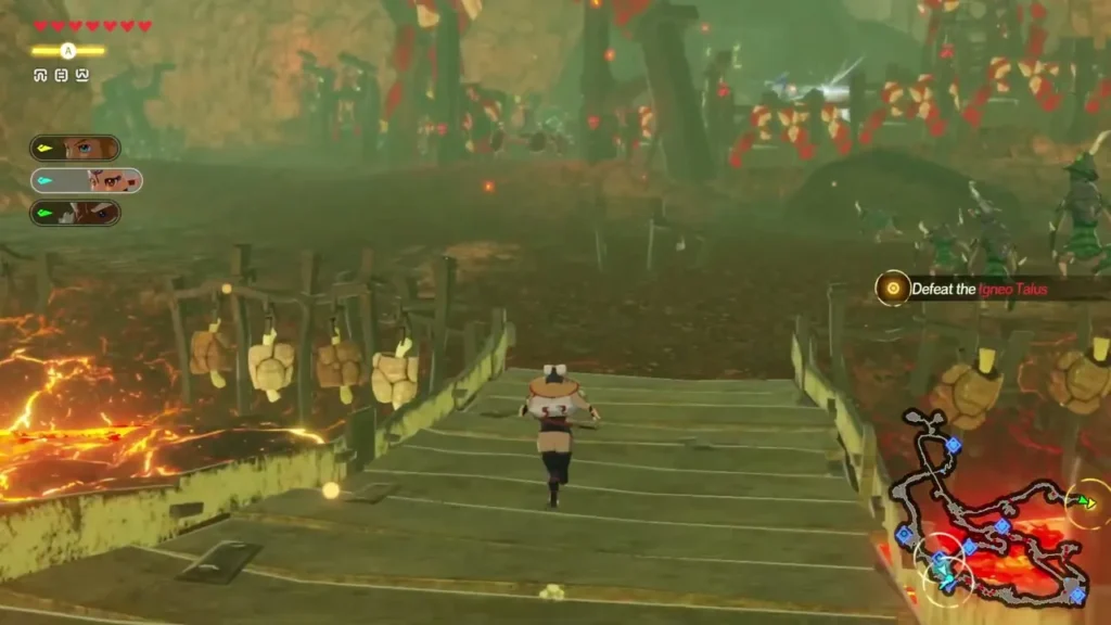 A warrior runs across a wooden walkway over lava on Death Mountain, with an Igneo Talus objective shown A warrior runs across a wooden walkway over lava on Death Mountain, with an Igneo Talus objective shown