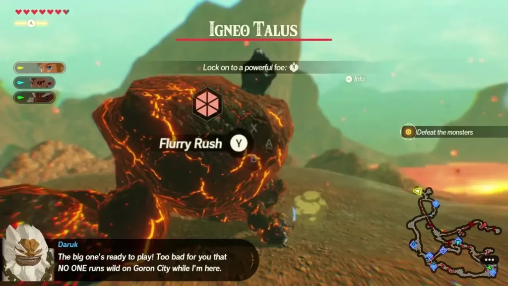 Flurry Rush prompt with the Y button shown over an Igneo Talus Flurry Rush prompt with the Y button shown over an Igneo Talus
