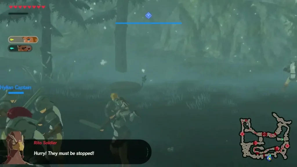A Rito Soldier and a Hylian Captain fight through the misty battlefield at Revali's battle A Rito Soldier and a Hylian Captain fight through the misty battlefield at Revali's battle
