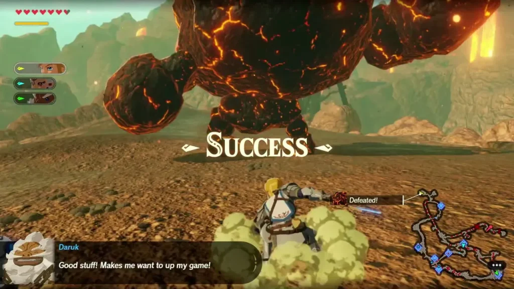 Success banner over a defeated Igneo Talus as Daruk cheers Link on Success banner over a defeated Igneo Talus as Daruk cheers Link on
