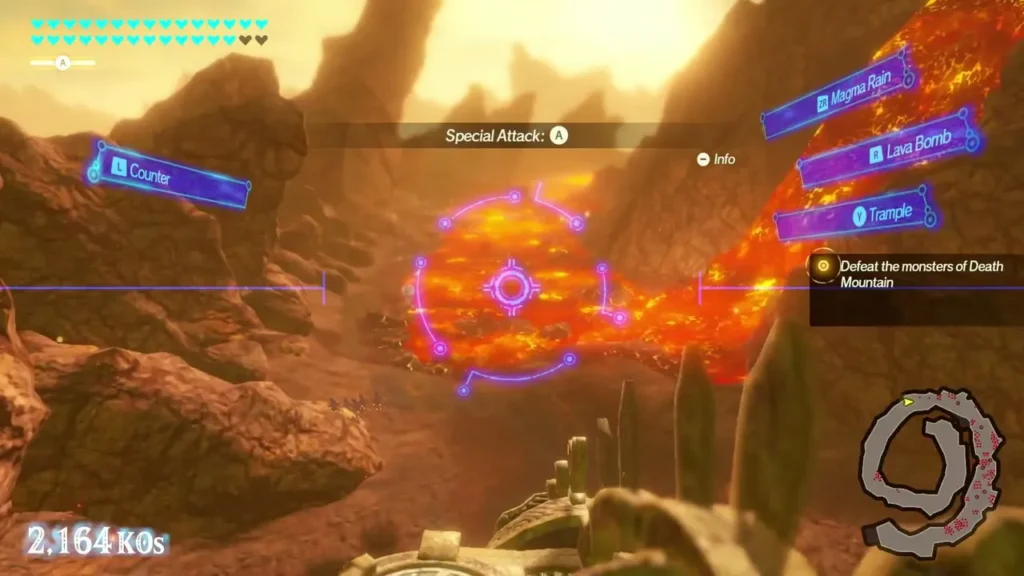 Special Attack prompt and reticle hover over a lava field on Death Mountain, with 2,164 KOs in the corner Special Attack prompt and reticle hover over a lava field on Death Mountain, with 2,164 KOs in the corner