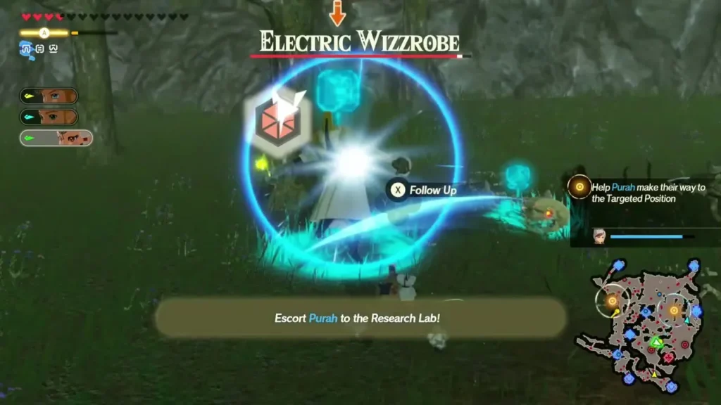An Electric Wizzrobe, named over its health bar, appears under the banner to escort Purah to the Research Lab An Electric Wizzrobe, named over its health bar, appears under the banner to escort Purah to the Research Lab