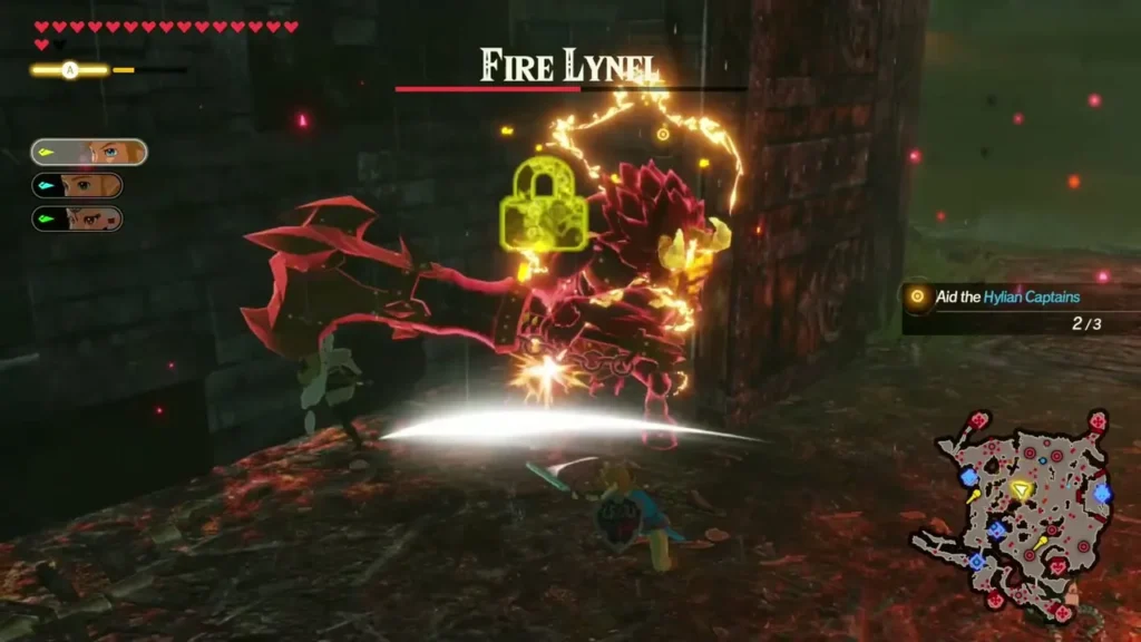 Link slashes at a Fire Lynel whose weak point glows yellow in a burning ruin Link slashes at a Fire Lynel whose weak point glows yellow in a burning ruin