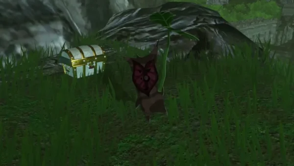 A dark leaf-hat Korok stands beside a leafy sprout and a treasure chest in the grass A dark leaf-hat Korok stands beside a leafy sprout and a treasure chest in the grass