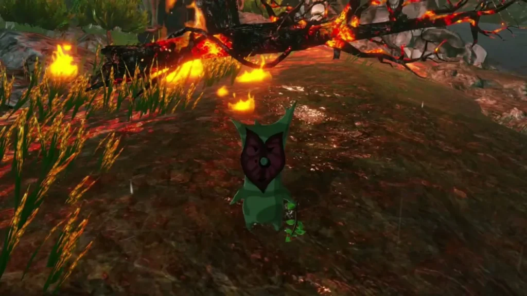 A green Korok stands on the burnt ground beside the path at the Fort Hateno fight A green Korok stands on the burnt ground beside the path at the Fort Hateno fight