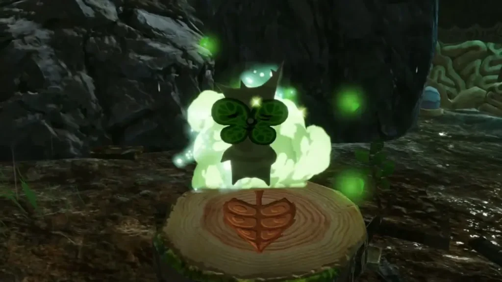 A Korok sits on the tree stump at the western outpost, glowing green beside the rock wall A Korok sits on the tree stump at the western outpost, glowing green beside the rock wall