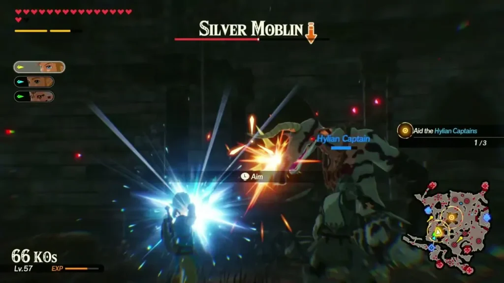 Link strikes at the Silver Moblin fight at Fort Hateno while a Hylian Captain fights beside him Link strikes at the Silver Moblin fight at Fort Hateno while a Hylian Captain fights beside him