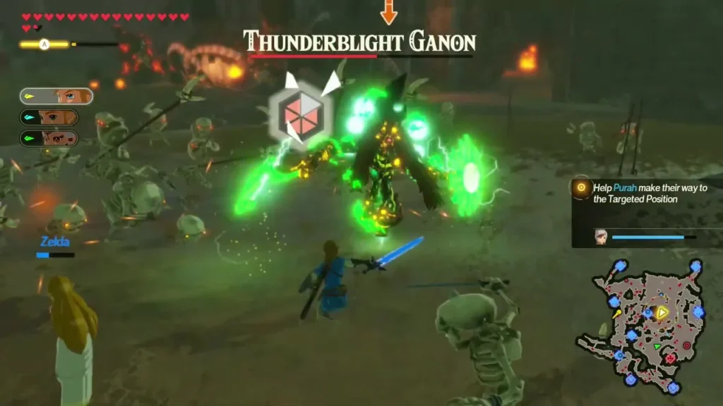 Thunderblight Ganon, named over its health bar, crackles with green lightning as Link and Zelda approach Thunderblight Ganon, named over its health bar, crackles with green lightning as Link and Zelda approach